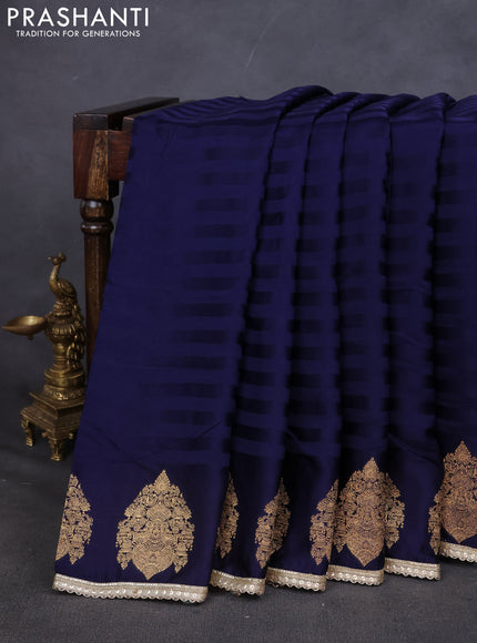 Satin silk saree navy blue with stripes pattern & rich zari pallu and gottapatti work readymade blouse