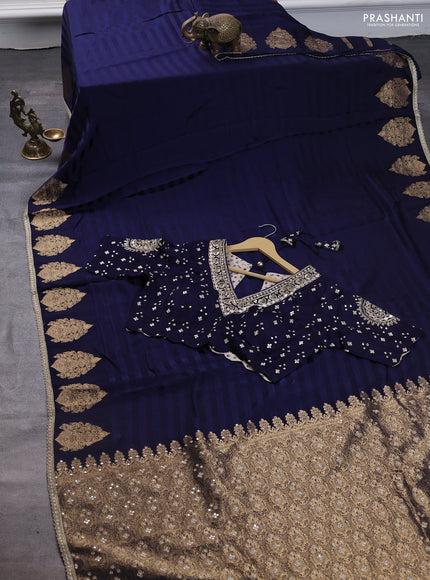 Satin silk saree navy blue with stripes pattern & rich zari pallu and gottapatti work readymade blouse