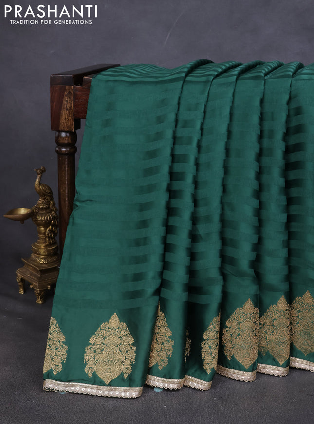 Satin silk saree green with stripes pattern & rich zari pallu and gottapatti work readymade blouse