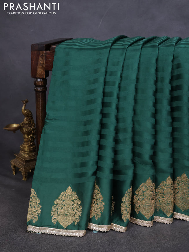 Satin silk saree green with stripes pattern & rich zari pallu and gottapatti work readymade blouse