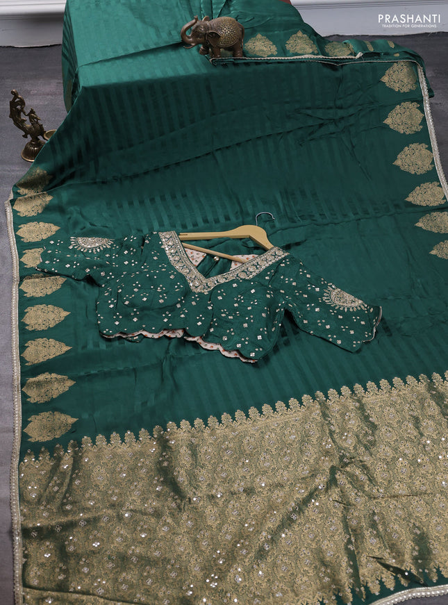 Satin silk saree green with stripes pattern & rich zari pallu and gottapatti work readymade blouse