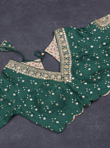 Satin silk saree green with stripes pattern & rich zari pallu and gottapatti work readymade blouse