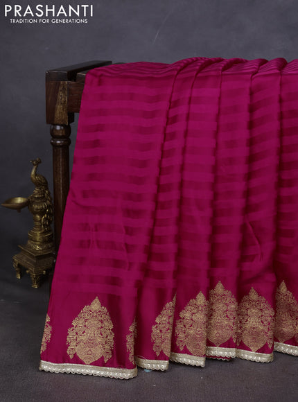 Satin silk saree pink with stripes pattern & rich zari pallu and gottapatti work readymade blouse