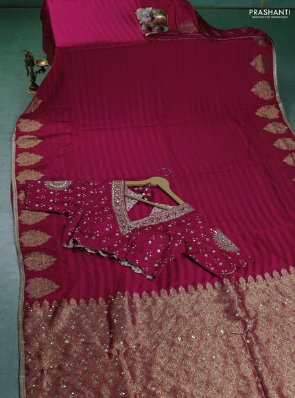 Satin silk saree pink with stripes pattern & rich zari pallu and gottapatti work readymade blouse