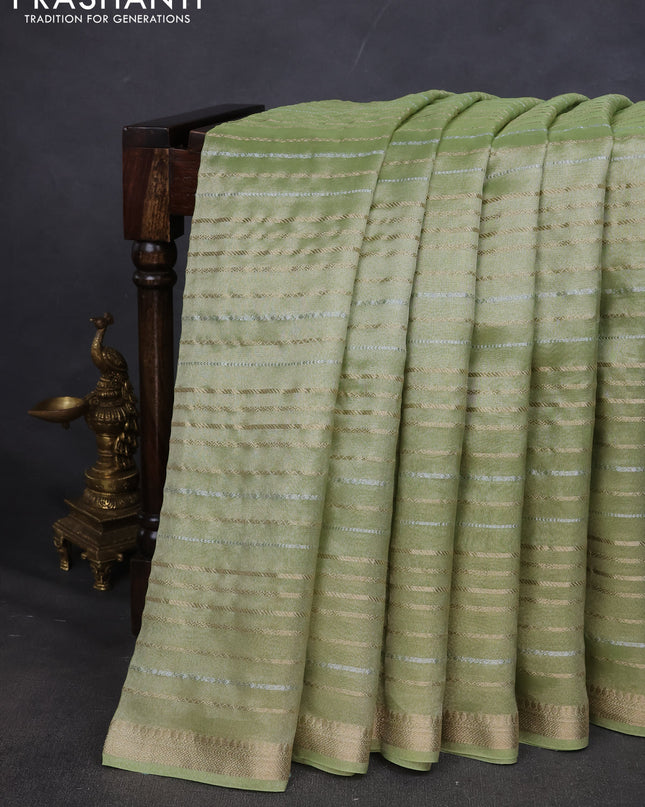 Tissue saree pista green with silver & gold zari weaves and gottapatti work readymade blouse