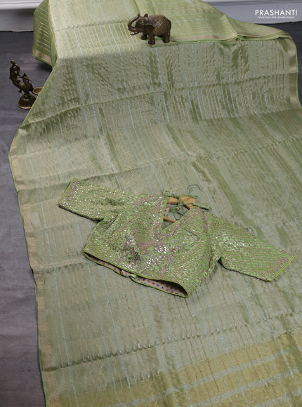 Tissue saree pista green with silver & gold zari weaves and gottapatti work readymade blouse