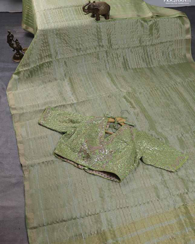Tissue saree pista green with silver & gold zari weaves and gottapatti work readymade blouse