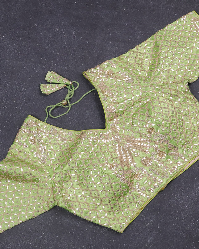 Tissue saree pista green with silver & gold zari weaves and gottapatti work readymade blouse