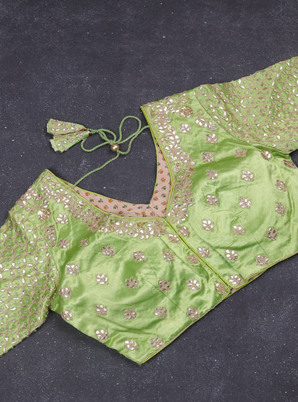 Tissue saree pista green with silver & gold zari weaves and gottapatti work readymade blouse