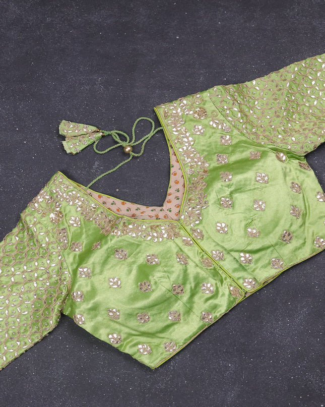 Tissue saree pista green with silver & gold zari weaves and gottapatti work readymade blouse
