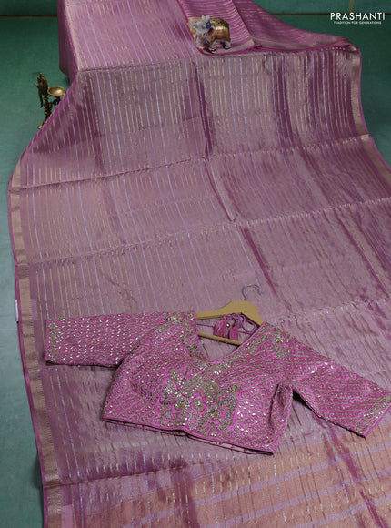Tissue saree light pink with silver & gold zari weaves and gottapatti work readymade blouse