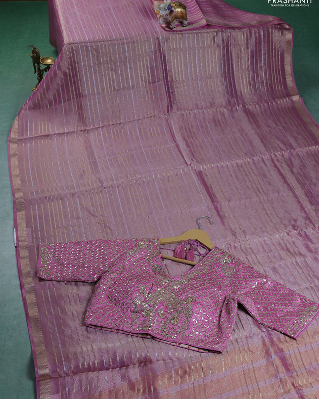 Tissue saree light pink with silver & gold zari weaves and gottapatti work readymade blouse