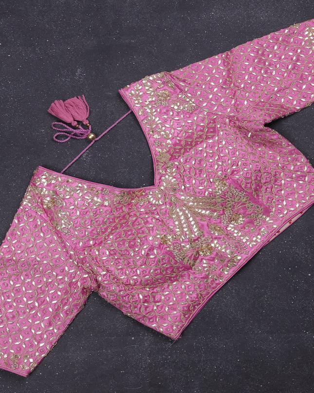 Tissue saree light pink with silver & gold zari weaves and gottapatti work readymade blouse