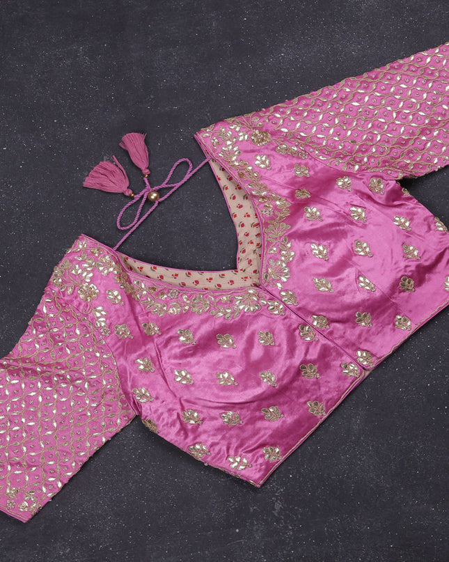 Tissue saree light pink with silver & gold zari weaves and gottapatti work readymade blouse