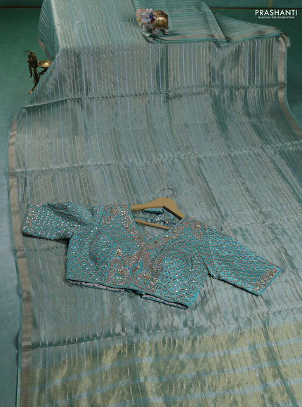Tissue saree teal shade with silver & gold zari weaves and gottapatti work readymade blouse