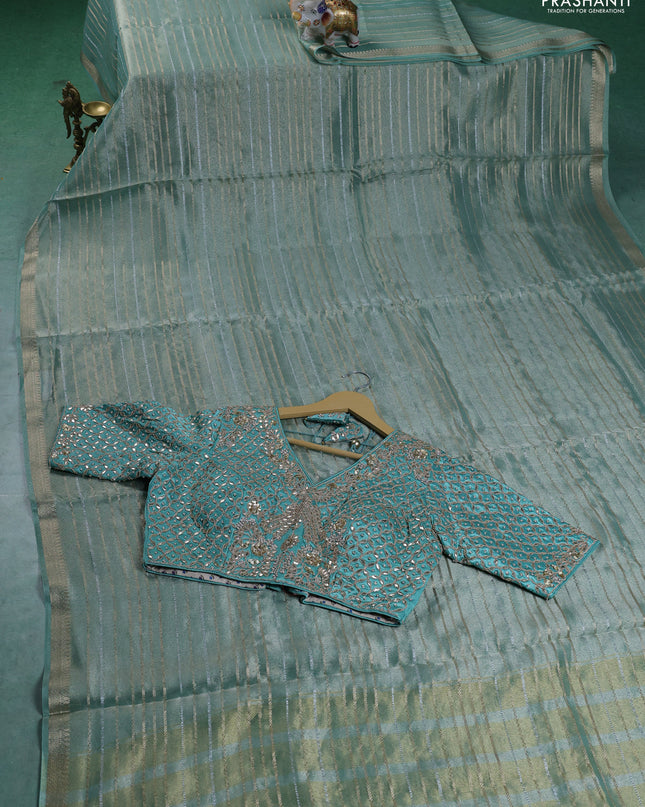 Tissue saree teal shade with silver & gold zari weaves and gottapatti work readymade blouse
