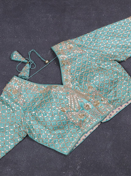 Tissue saree teal shade with silver & gold zari weaves and gottapatti work readymade blouse
