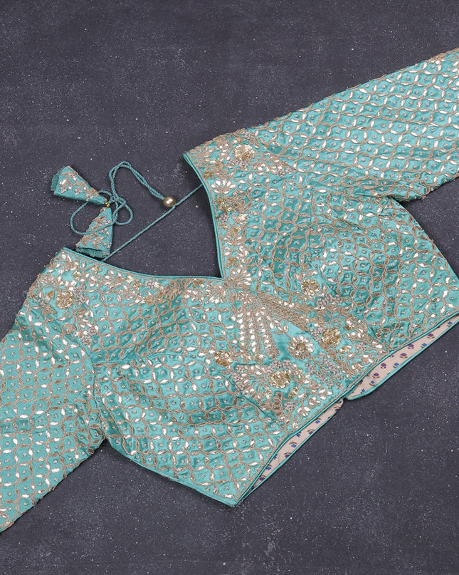 Tissue saree teal shade with silver & gold zari weaves and gottapatti work readymade blouse