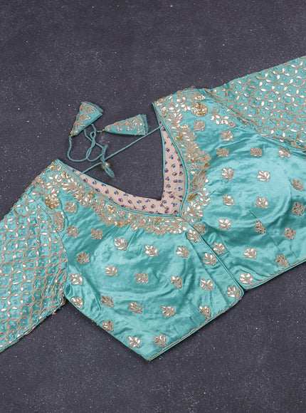 Tissue saree teal shade with silver & gold zari weaves and gottapatti work readymade blouse