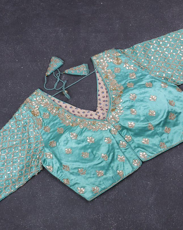 Tissue saree teal shade with silver & gold zari weaves and gottapatti work readymade blouse