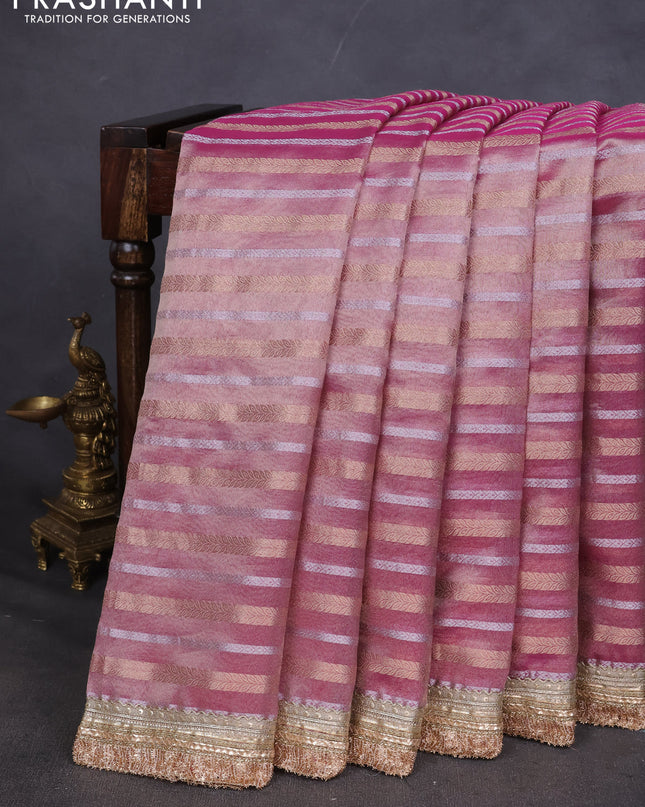 Tissue saree light pink with silver & gold zari weaves and gottapatti work readymade blouse