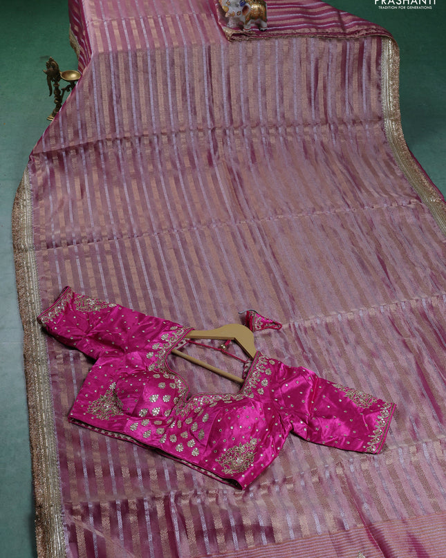 Tissue saree light pink with silver & gold zari weaves and gottapatti work readymade blouse