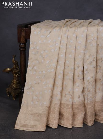 Munga silk saree beige with allover zari woven brocade pattern & gottapatti work and readymade blouse