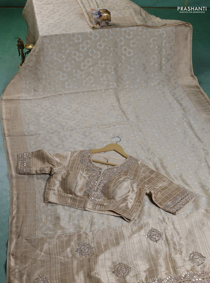 Munga silk saree beige with allover zari woven brocade pattern & gottapatti work and readymade blouse