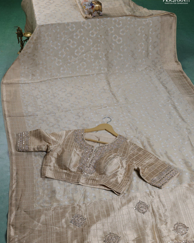 Munga silk saree beige with allover zari woven brocade pattern & gottapatti work and readymade blouse