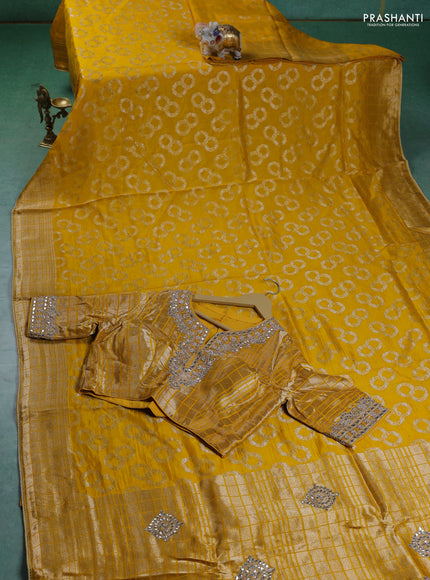 Munga silk saree yellow with allover zari woven brocade pattern & gottapatti work and readymade blouse