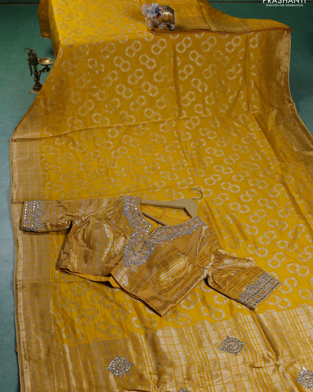 Munga silk saree yellow with allover zari woven brocade pattern & gottapatti work and readymade blouse