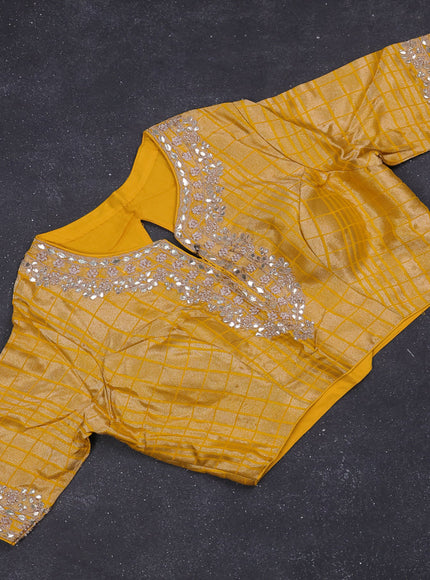 Munga silk saree yellow with allover zari woven brocade pattern & gottapatti work and readymade blouse