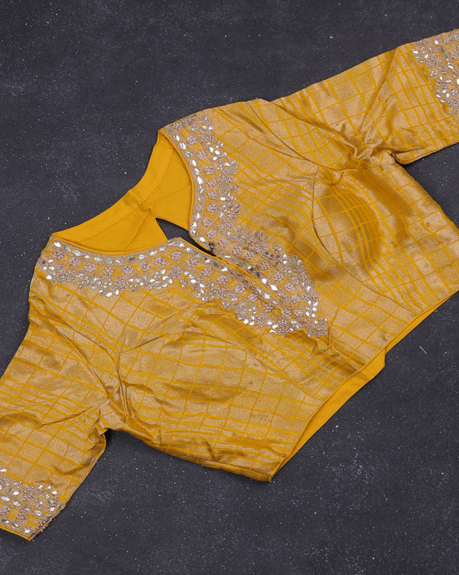 Munga silk saree yellow with allover zari woven brocade pattern & gottapatti work and readymade blouse