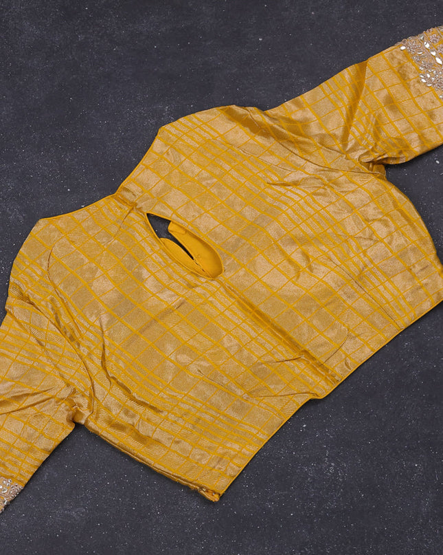Munga silk saree yellow with allover zari woven brocade pattern & gottapatti work and readymade blouse