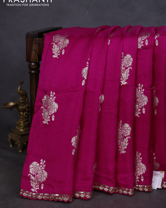Banarasi silk saree pink with zari woven floral buttas and beaded embroidery readymade blouse