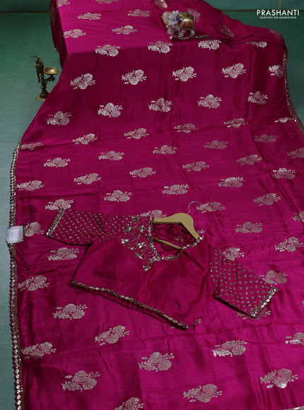 Banarasi silk saree pink with zari woven floral buttas and beaded embroidery readymade blouse