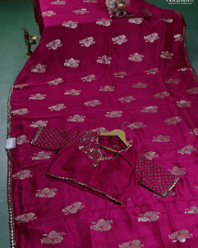 Banarasi silk saree pink with zari woven floral buttas and beaded embroidery readymade blouse