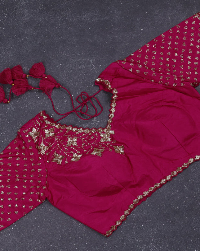 Banarasi silk saree pink with zari woven floral buttas and beaded embroidery readymade blouse