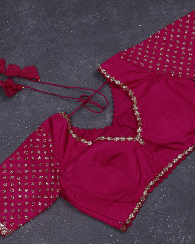 Banarasi silk saree pink with zari woven floral buttas and beaded embroidery readymade blouse