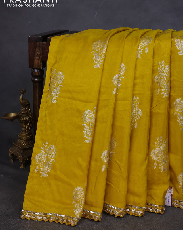 Banarasi silk saree yellow with zari woven floral buttas and beaded embroidery readymade blouse