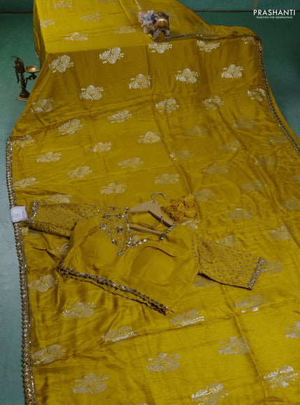Banarasi silk saree yellow with zari woven floral buttas and beaded embroidery readymade blouse