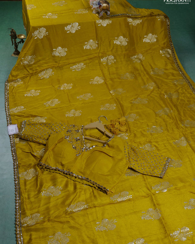 Banarasi silk saree yellow with zari woven floral buttas and beaded embroidery readymade blouse
