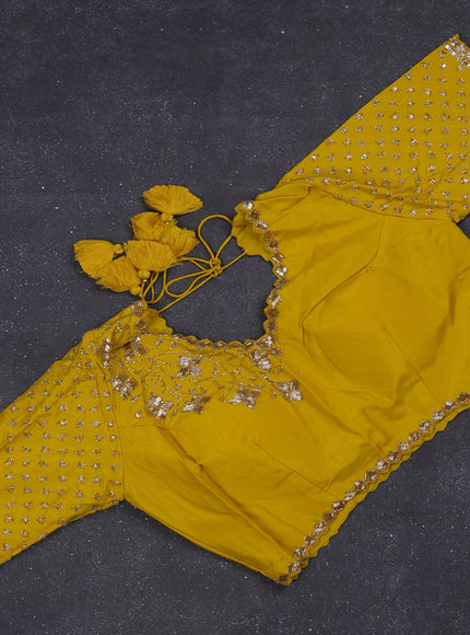Banarasi silk saree yellow with zari woven floral buttas and beaded embroidery readymade blouse