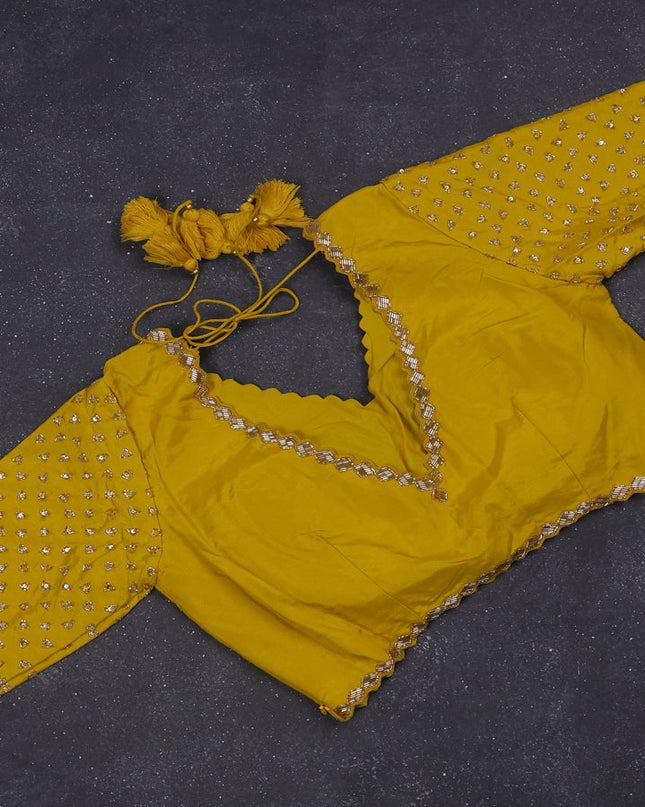 Banarasi silk saree yellow with zari woven floral buttas and beaded embroidery readymade blouse