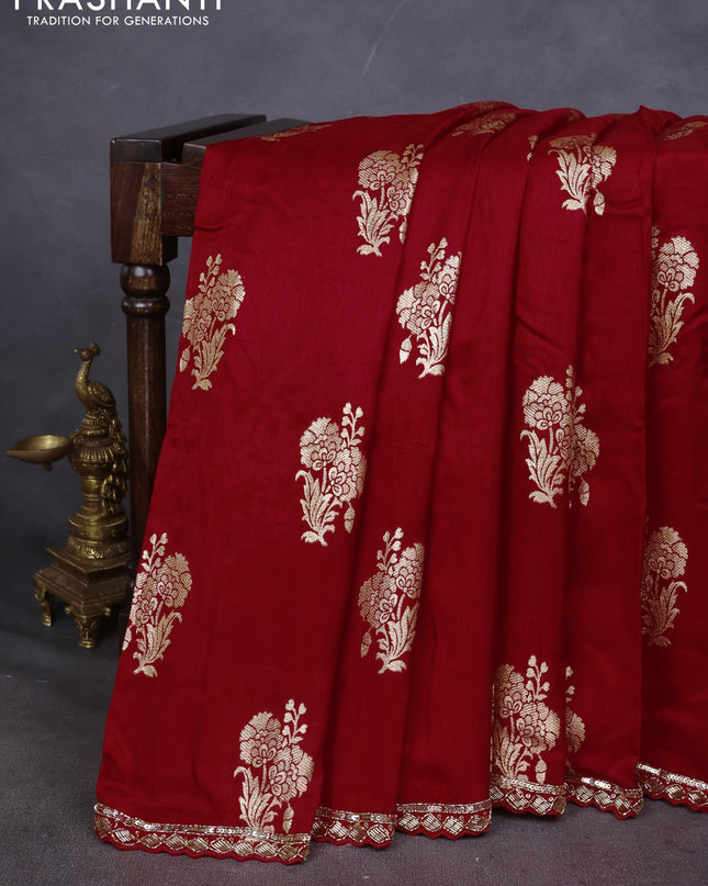 Banarasi silk saree red with zari woven floral buttas and beaded embroidery readymade blouse