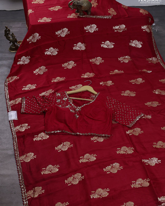 Banarasi silk saree red with zari woven floral buttas and beaded embroidery readymade blouse