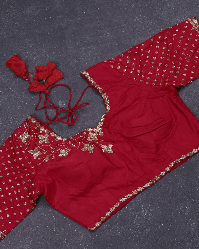 Banarasi silk saree red with zari woven floral buttas and beaded embroidery readymade blouse