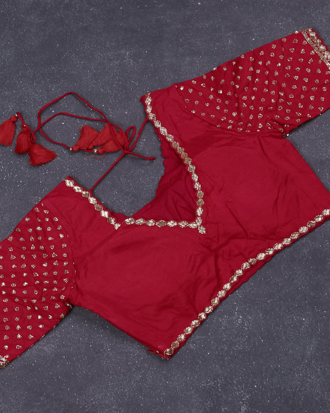 Banarasi silk saree red with zari woven floral buttas and beaded embroidery readymade blouse