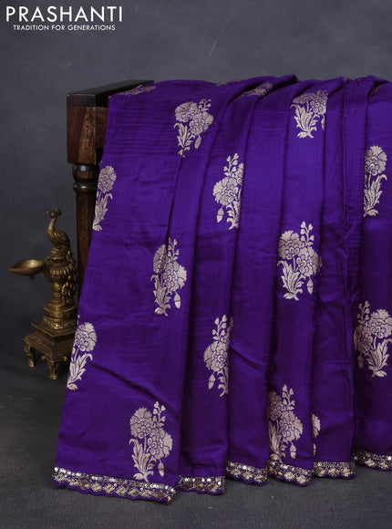Banarasi silk saree violet with zari woven floral buttas and beaded embroidery readymade blouse