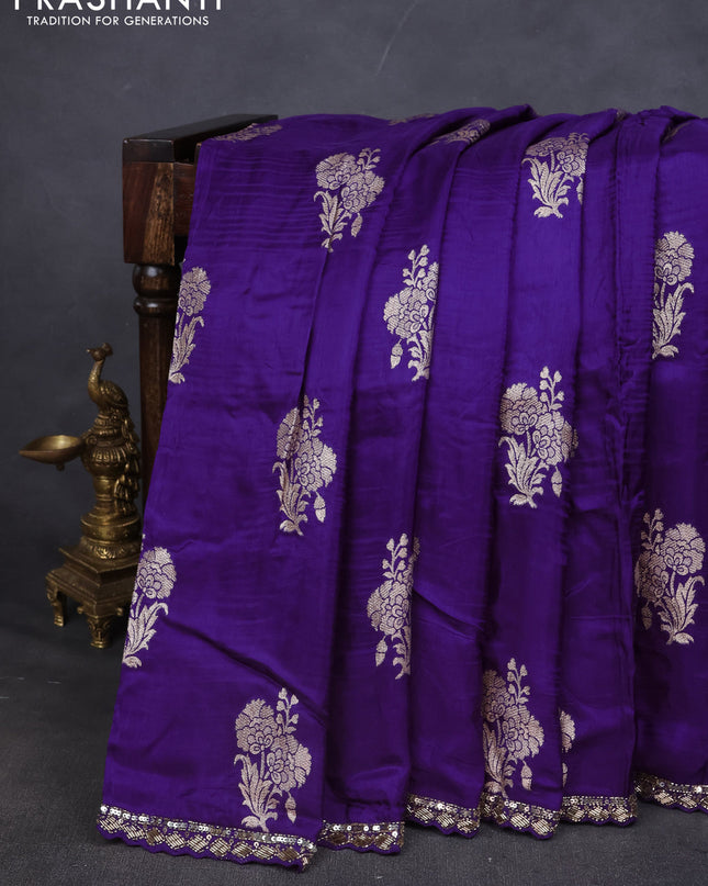Banarasi silk saree violet with zari woven floral buttas and beaded embroidery readymade blouse